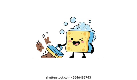 Um personagem de esponja alegre limpa com entusiasmo na ilustração do projeto do vetor