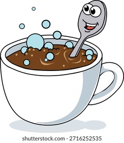 Una cuchara alegre que bucea en una ilustración burbujeante de la taza de la alegría..eps