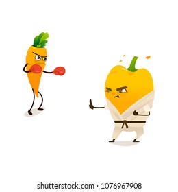 Cheerful sport vegetable, fruits characters set. Carrot boxing in box gloves, papper in kimono karate punch. Funny cute healthy organic food full of vitamin. Cartoon Vector illustration