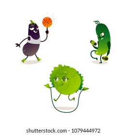 Cheerful sport vegetable, fruits characters set. Cabbage doing skipping rope exercise, eggplant play basketball cucumber dumbbell exercise. Funny cute food full of vitamin. Cartoon Vector illustration