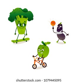 Cheerful sport vegetable, fruits characters set. Broccoli skateboarding, eggplant play basketball apple cycling on bicycle. Funny cute food full of vitamin. Cartoon Vector illustration