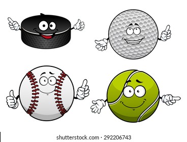 Cheerful sporting balls and puck cartoon characters with items of ice hockey, golf, tennis and baseball for sports team or club mascot design