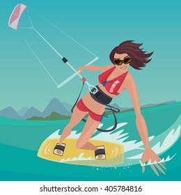 Cheerful sports girl in red swimsuit rushes standing on the kiteboard, in one hand holding power kite, and other touches the water surface - Kitesurfing or extreme sport concept. Vector illustration