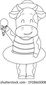 Cheerful spotted cow in a hat with ice cream for coloring book