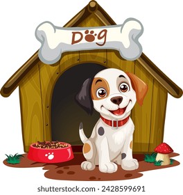 Cheerful spotted puppy sitting by its kennel.