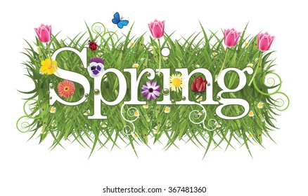 Cheerful spring design with grass, flowers and butterflies. EPS 10 vector