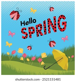 Cheerful spring with flowers, umbrellas, and insects. Ladybugs and butterflies fly in the clear sky. Spring Flourishing concept. Flat vector illustration.