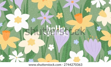 Cheerful spring greeting card. Vector banner with blooming wildflowers. Crocuses, daisies, and narcissus in trendy design on green background. Seasonal card, branding, cover and spring advertising.