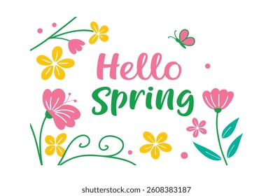 A cheerful spring greeting framed by colorful flowers.