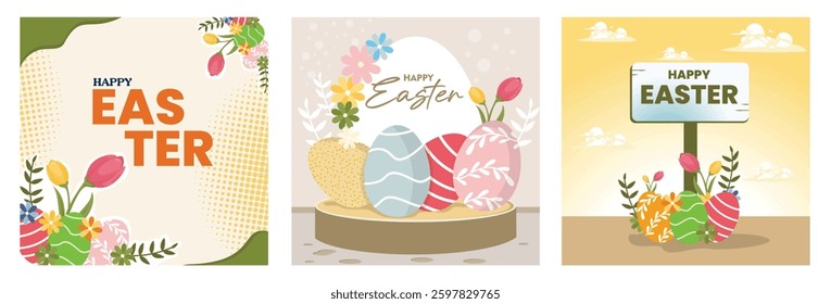 Cheerful spring holiday celebration. Decoratif Happy Easter banner. Decorated Easter eggs and colorful flowers. Bright cloud scene background.Easter 2025 concept. Set flat vector illustration.