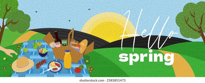 Cheerful spring illustration featuring picnic scene in green park on fields backdrop. Blanket on grass and basket with foods. Ideal for seasonal banners, holiday cards and outdoor event flyers.