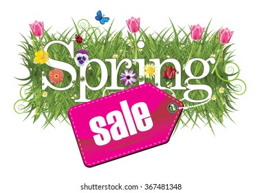 Cheerful spring sale design with grass, flowers and butterflies. EPS 10 vector