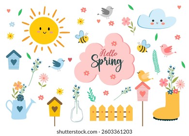 Cheerful spring themed illustration featuring flowers, birds, bees, the sun, and decorative elements in a playful, flat style.
