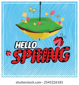Cheerful spring. Umbrellas, flowers, ladybugs, and butterflies in the background. Spring Flourishing concept. Flat vector illustration.