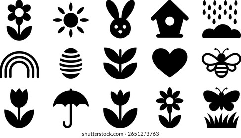 Cheerful Spring Vector Icons: Flowers, Sun, and Bunny