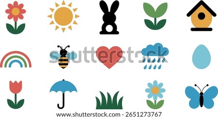 Cheerful Spring Vector Icons: Flowers, Sun, and Bunny