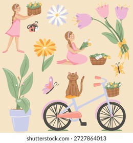 Ein fröhliches Frühlings-Vektorgrafik-Set mit einem Mädchen mit Blumen, Fahrrädern, Schmetterlingen, Topfpflanzen und anderen saisonalen Elementen. Diese farbenfrohe und verspielte Kollektion eignet sich ideal für Frühjahrsgrußkarten, saisonale Designs, Kinderprojekte, Poster, Schreibwaren und Webgrafiken.