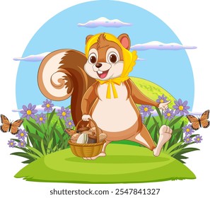 Cheerful squirrel carrying basket in flower field