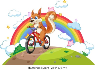 A cheerful squirrel cycling on a sunny day