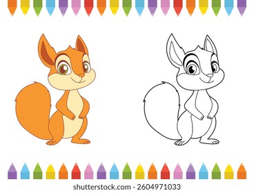 Cheerful Squirrel Illustration: Features a cute cartoon squirrel, colored and line art version, ideal for coloring pages and educational content.