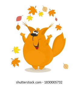 
Cheerful squirrel jumps and rejoices in the autumn leaves