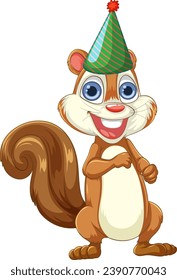 A cheerful squirrel with a party hat, beaming with joy