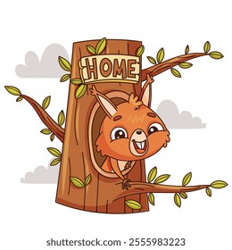 A cheerful squirrel peeks from behind a Home sign on a lovely tree, surrounded by lush green leaves