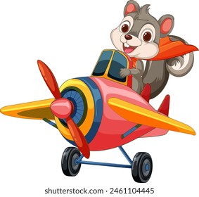 Cheerful squirrel piloting a vibrant cartoon airplane