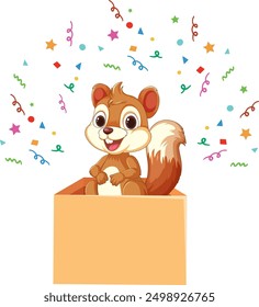 Cheerful squirrel popping out of a box