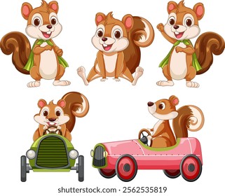 Cheerful squirrels driving colorful vintage cars