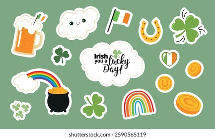 A cheerful St. Patrick’s Day design with green shamrocks, rainbows, a beer mug, gold coins, and the Irish flag on a green background, wishing luck.