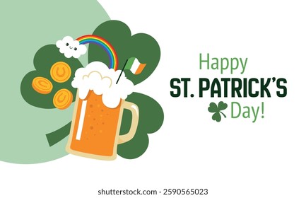 A cheerful St. Patrick's Day illustration featuring a frothy beer mug with an Irish flag, gold coins, a happy cloud with a rainbow, and green shamrocks. The text reads, "Happy St. Patrick's Day!"