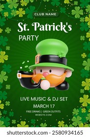 Cheerful St. Patrick's Day poster featuring a leprechaun holding a pipe, promoting a lively party with live music on March 17, perfect for festive celebrations.