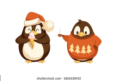 Cheerful standing penguin in Santa hat with furry ball enjoying ice-cream. Animal in sweater with pattern of trees holding cup with hot drink vector