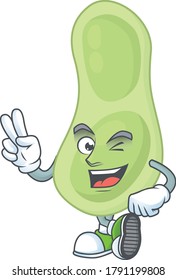 Cheerful staphylococcus pneumoniae mascot design with two fingers. Vector illustration