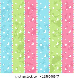Cheerful Star Moon Cartoon Seamless Pattern background wallpaper. Combination colors of pink, white, green, and blue. Sky pattern for textile, paper, fabric and more.