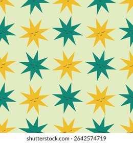 Cheerful Star Seamless Pattern with Smiling Faces Vector Illustration. Ideal for children’s products and digital decorations.