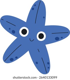 A cheerful starfish with big eyes and a smiling face in a playful cartoon style. The starfish features a friendly expression and simple details. Cartoon vector illustration.
