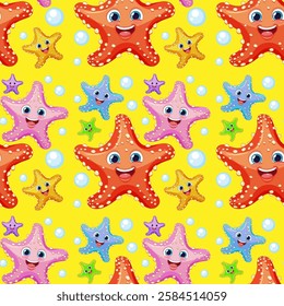 Cheerful starfish and bubbles on a bright background