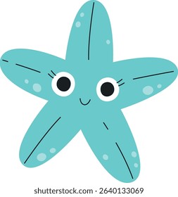 A cheerful starfish with large eyes and a smile in a playful cartoon style. The starfish has a friendly expression and simple detailing. Cartoon vector illustration.