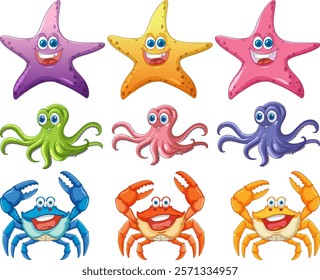 Cheerful starfish, octopuses, and crabs in vibrant colors