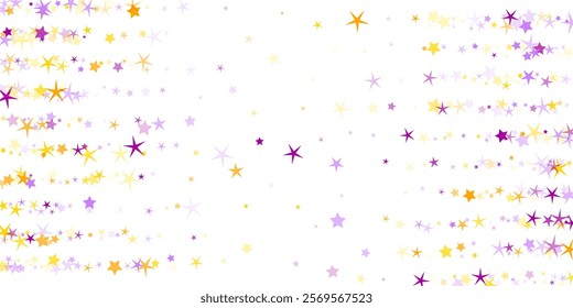 Cheerful stars outburst vector background. Christmas decor elements in purple yellow colors. Colorful star shapes pattern. Serenity concept. Universe charm.