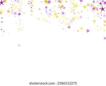 Cheerful stars scattered vector background. Birthday decorative particles in violet yellow colors. Radiant star random fragments. Spectacle concept. Heaven abstract objects.