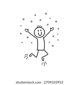 A cheerful stick figure character leaps with arms outstretched amidst falling confetti. This simple illustration symbolizes success, happiness, victory, freedom, and celebration too.