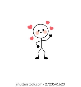 Uma figura de vara alegre cercada por corações. Ilustração simples e fofa transmitindo amor, felicidade e emoção positiva. Design minimalista em um fundo branco limpo.
