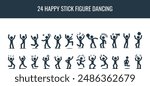 Cheerful stick figure woman in various yoga poses vector icon set. Stickwoman meditating, stretching, balancing, exercising silhouette pictogram on white background