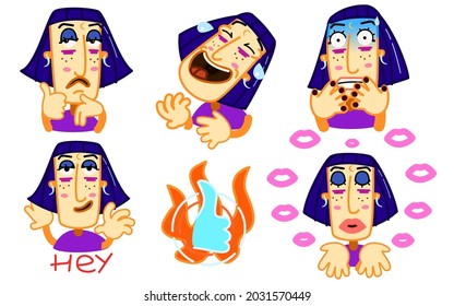 Cheerful stickers with a blue-haired fashionable girl on a white background. In the set: like, laughter, fear, coquetry, kisses. Fascinating and mysterious healer in vector format for printing.