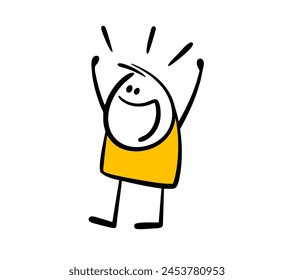 Cheerful stickman child saw an unexpected surprise and raised his hands, screaming with delight. Vector illustration of an emotional boy rejoicing. Isolated cartoon character on white background.