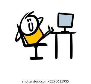 A cheerful stickman is sitting with his feet on the table and idling watching a movie on the computer on the Internet. Vector illustration of a fashion blogger.