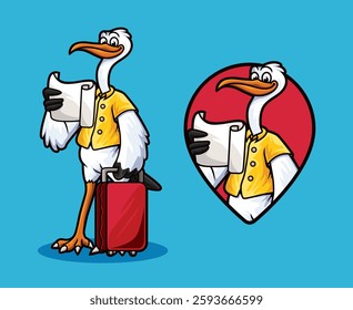 A cheerful stork mascot symbolizing the travel and tourism industry